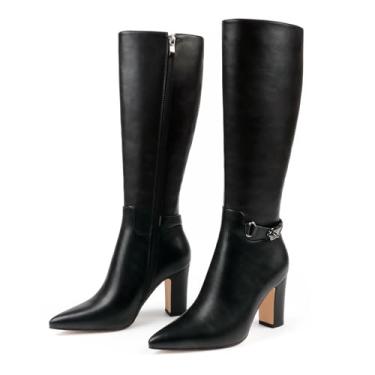 Imagem de JOY IN LOVE Botas de cano alto femininas de cano alto enrugadas e despojadas com zíper, Preto fosco (estilo fivela), 34