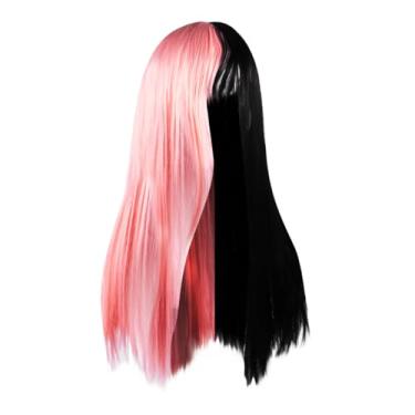 Imagem de CALLARON Peruca preta rosa para mulheres, peruca longa em camadas de 65 cm com franja, cabelo encaracolado metade rosa realista, cabelo sintético macio para cosplay, festa de cosplay, uso diário