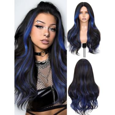 Imagem de Lady Miranda Peruca preta de 66 cm com destaques azuis, perucas azuis ombré, onduladas, longas azuis, cortinas, perucas para mulheres, uso diário, peruca azul com franja