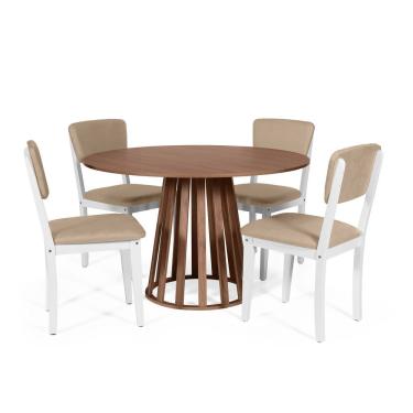 Imagem de Mesa De Jantar Redonda Gabi Noronha Com 4 Cadeiras Estofadas Ella Branco/bege
