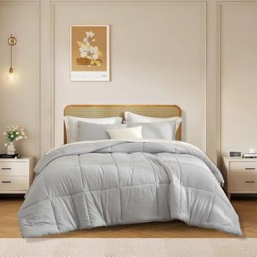 Imagem de AZMTOP Conjunto de edredom leve e fofo, 3 peças, 1 edredom e 2 fronhas, conjunto de cama de microfibra acolchoada escovada luxuosa para todas as estações, conjunto de cama reversível respirável Twin