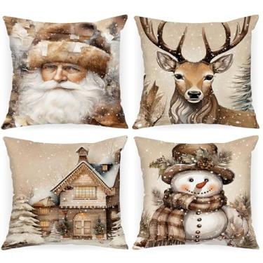 Imagem de Lanpn Conjunto de 4 Capas de Almofada de Natal 45x45cm, Capas de almofada Decoração de Natal Fronhas Decorativas de Inverno para Sala de Estar Quarto Sofá e Cama (Papai Noel Boneco de Neve Casa)