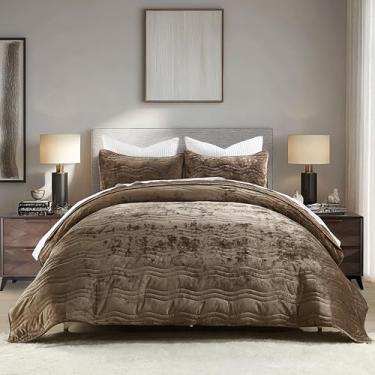 Imagem de AJOCCI Conjunto de edredom de veludo, tamanho Queen, colcha de pelúcia macia, lavável na máquina, 3 peças para todas as estações