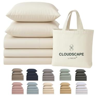 Imagem de CLOUDSCAPE LINEN Jogo de cama King dividido 100% algodão egípcio para cama ajustável, jogo de cama de 5 peças, 400 fios, qualidade hoteleira, macio, respirável e durável, bolsos profundos até 17