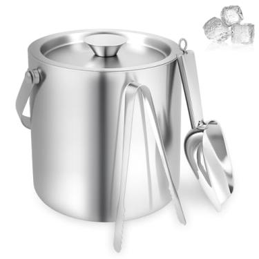 Imagem de Balde de gelo de aço inoxidável de 2 L com tampa, colher e pinça, balde de gelo isolado de parede dupla, recipiente refrigerador de bebidas de boa refrigeração, portátil para festas e coquetéis