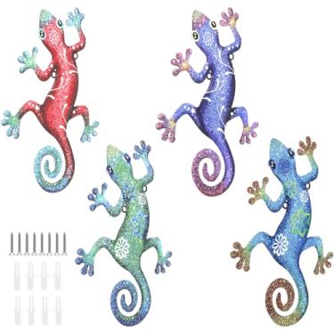 Imagem de 4 peças de decoração externa de lagartixa de metal, decoração de parede de lagartixa de metal, esculturas de jardim de arte e estátuas para decoração de parede de varanda de cerca de jardim, presente