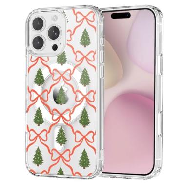 Imagem de OFQKOAKS Capa para iPhone 15 Pro, compatível com MagSafe, linda capa de celular magnética com laço vermelho e árvore de Natal, capa protetora transparente e macia para mulheres e meninas