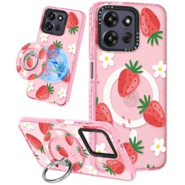 Imagem de Lotadilo Linda capa para Moto G Power/Play 5G 2025 para mulheres e meninas - Design engraçado de flor de morango compatível com suporte de anel Magsafe, suporte magnético, capas de telefone de TPU da