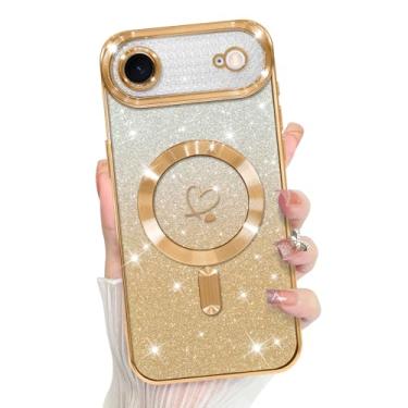 Imagem de Bonoma Compatível com Plus Case 2025 suporte para MagSafe, capa magnética com glitter coração chapeado TPU capa traseira de proteção de câmera para capa de telefone - ouro