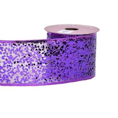 Imagem de YAMA Fita roxa para embrulho de presente 6,5 cm 10 metros com glitter diamante borda fita para arcos de árvore de Natal, fazer grinaldas, decoração de casa, artesanato faça você mesmo