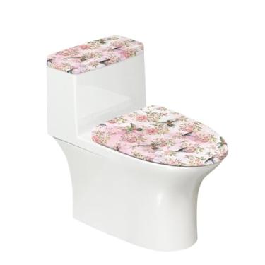 Imagem de Eheartsgir Conjunto de 2 tampas de vaso sanitário com flores de beija-flor e tampa de tanque de vaso sanitário, capa de tanque com borda elástica, fácil de limpar, decoração de Natal para banheiro