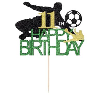 Imagem de Naicaek Topo de bolo de futebol com glitter feliz 11º aniversário, jogadores de futebol, tema esportivo, palitos de bolo, decoração de festa de aniversário de 11 anos, suprimentos para meninos e