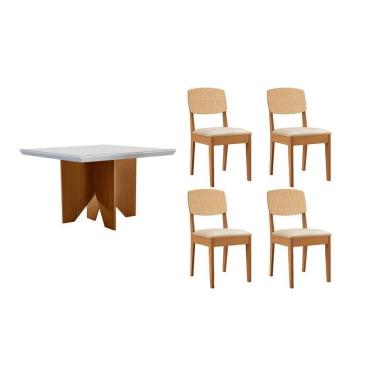 Imagem de Conjunto Sala de Jantar Nevada c/ Tampo Madeirado c/ Vidro Canto Curvo 90x90cm e 4 Cadeiras Havana Premium Naturale/Off White - Capuccino/Suede Creme-