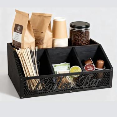 Imagem de DearyHome Organizador de estação de café – Cesta de armazenamento de bancada de malha rústica de madeira e metal para cápsulas, K-Cups, saquinhos de chá, cozinha de fazenda, acessórios de cafeteria de