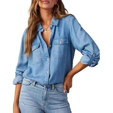 Imagem de Camisa jeans feminina TUREAU azul chambray com botões e decote em V
