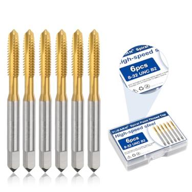 Imagem de 6 peças 8-32 UNC B2 Ponta Espiral, Ferramenta de Rosca HSS 6542 Revestida de Titânio para Rosqueamento de Precisão em Metal e Materiais Rígidos
