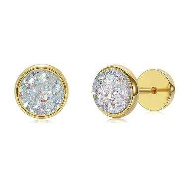 Imagem de Brincos de parafuso de titânio com tarraxa plana, com glíter, drusa branca, alargadores de orelha banhados a ouro, aço inoxidável cirúrgico 316L, disco de bolinhas grandes, hipoalergênicos para orelhas sensíveis para mulheres e homens, Titânio, Drusa branca