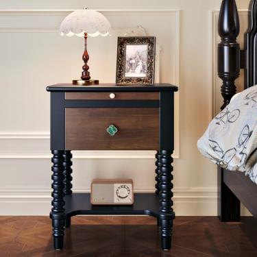 Imagem de Mesa de cabeceira vintage de madeira com gaveta - mesa de cabeceira de madeira escura com armazenamento, mesa de cabeceira pequena e estreita antiga de madeira maciça para sala de estar, quarto, 35 cm