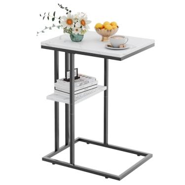 Imagem de Katrawu Mesa lateral em forma de C, mesa de sofá pequena para cama, mesa lateral com moldura de metal, bandeja de TV com mármore branco, sala de estar, quarto, cabeceira (preto)