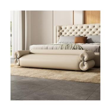 Imagem de ZzleoyuUUs-12 Banco de entrada, banco de cabeceira, quarto, couro legítimo, sofá de cabeceira longo, moderno, simples, sala de estar pequeno (branco-esbranquiçado)