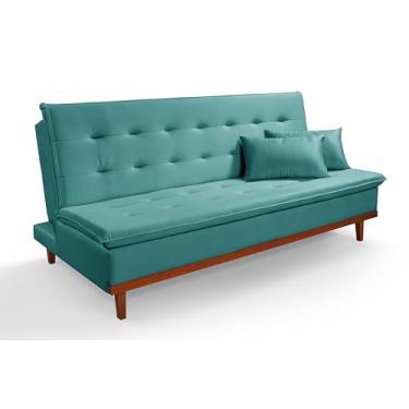 Imagem de Sofá Cama Santorini Casal Reclinável Veludo Macio e Pés de Madeira Imperial Azul Turquesa