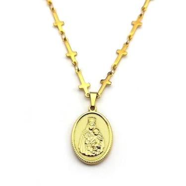 Imagem de LINLINCHIC Colar de moedas de Virgem Maria banhado a ouro 18K, banhado a ouro 18 K, colar de cruz cristã para mulheres.