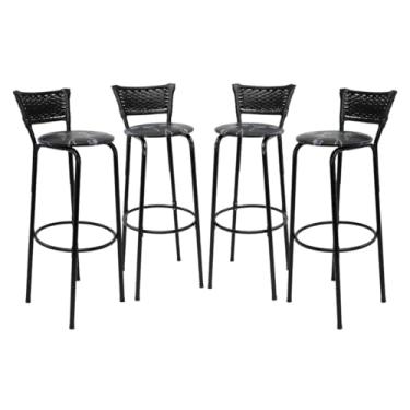 Imagem de Kit 4 Banquetas Altas 80cm Estrutura Preta Encosto Junco Preto Ideal Bancada Cozinha Americana Bares Balcão Ilha Área Gourmet Piscina Itagold (Assento Floral Preto)