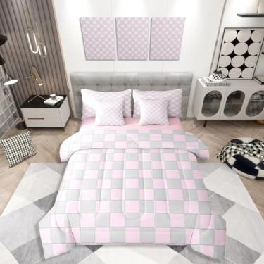 Imagem de Erosebridal Conjunto de edredom solteiro rosa e cinza, 7 peças, fofo, xadrez, para crianças, adolescentes, para decoração de quarto, decoração de quarto