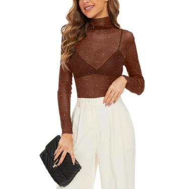 Imagem de Camiseta feminina KICZOY Sparkle See Through Mesh de manga comprida