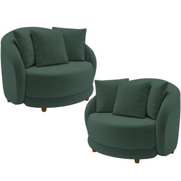 Imagem de Kit 02 Poltronas Decorativas Base Fixa Pés Madeira Witta M03 Veludo Verde - Lyam Decor
