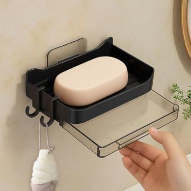Imagem de Saboneteira montada na parede - Suporte de sabão adesivo sem broca para banheiro/chuveiro, design de drenagem e antiderrapante, preto