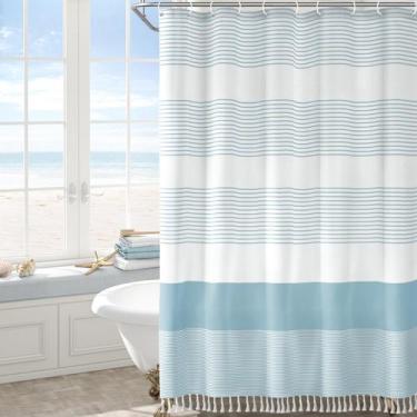 Imagem de Cortina de chuveiro Awellife Blue Stripe Tassel 183x183 cm Algodão