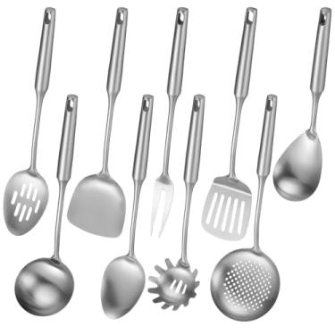 Imagem de Conjunto de 9 utensílios de cozinha em aço inoxidável, utensílios de cozinha com alça estendida e orifício de suspensão, com escumadeira, concha, espátula, escumadeira, servidor de massa, garfo de