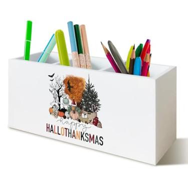 Imagem de YTRGI Porta-lápis para decoração de Halloween, organizador para mesa, Feliz Dia das Bruxas, Ação de Graças, Natal, caixa de madeira, placa de bloco para decoração de mesa e escritório em casa
