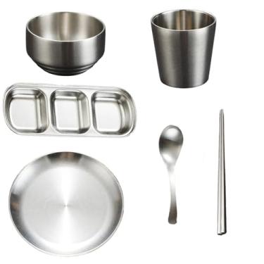 Imagem de Talheres de aço prata 304, com colher, pauzinhos, xícara, prato, tigela e prato de molho, design de uma peça, engrossado para durabilidade, conjunto de talheres para churrasco e panela quente