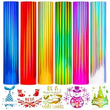 Imagem de Pacote com 6 folhas de vinil holográfico de transferência de calor em vinil arco-íris glitter HTV metálicas HTV para camisetas