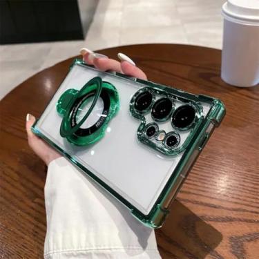 Imagem de HJZSZX Capa de celular luxuosa com suporte magnético transparente para A54 5G (para A54 5G/verde)