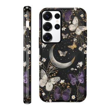 Imagem de FBHGLOA Capa para Galaxy S25 Ultra 5G 16,8 cm Borboleta Floral Capa de Telemóvel Romântica Dreamy Lua Estrelas Flor Híbrida Proteção Dupla TPU Macio PC Rígido À Prova de Choque Anti Riscos para