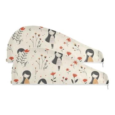 Imagem de SEHANY Toalha de cabelo de microfibra de flores coloridas elegantes para mulheres, 2 peças, turbantes de cabelo de secagem rápida com botão, touca de cabelo seco absorvente toalha de secagem de cabelo