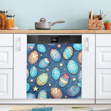 Imagem de ATTX Capa de ímã de lava-louças ovos de Páscoa e estrelas, 58,4 cm C x 66 cm A decoração da capa da máquina de lavar louça, decalques de armário doméstico eletrodomésticos adesivos #169