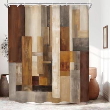 Imagem de KOMLLEX Cortina de chuveiro marrom abstrata para decoração de banheiro 152 cm L x 182 cm A rústica bronze ferrugem bloco retrô de madeira geométrica simples minimalista contemporânea tecido de casa de