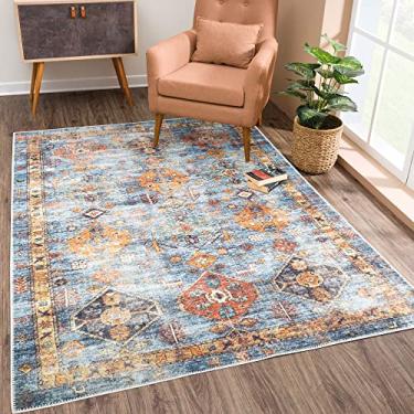 Imagem de Bloom Rugs Tapete lavável antiderrapante de 6 cm x 7 cm - Tapete de área com borda tradicional azul/laranja para sala de estar, quarto, sala de jantar e cozinha - Tamanho exato: 5 x 7 cm