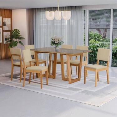 Imagem de Conjunto Sala De Jantar Dora Em Madeira Maciça 6 Cadeiras Boucle Bege