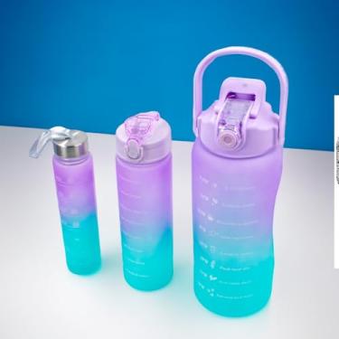 Imagem de Kit 3 Garrafas de Água Degrade com Marcador de Tempo, 2L/900ml/300ml, Plástico, com Adesivos e Figurinhas, Alça Removível, para Academia e Esportes