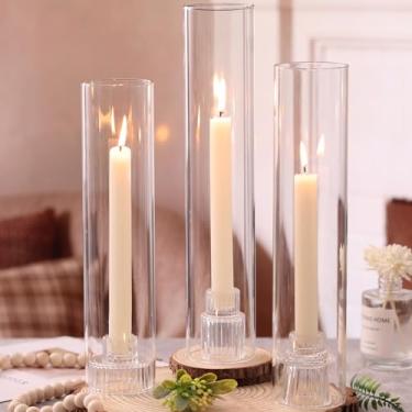 Imagem de NITIME Conjunto de 3 castiçais de vidro Hurricane para velas cônicas, castiçais com tubos de vidro à prova de vento (30 cm/32 cm/35 cm A), castiçais cônicos para centros de mesa, casamento, decoração