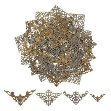 Imagem de 96 peças de protetores de canto de livro de metal, 4 estilos de decoração de canto de livro triângulo vazado, enfeites de metal de filigrana vintage, protetores de borda decorativos para scrapbook