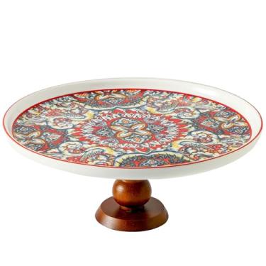 Imagem de Suporte de bolo de cerâmica com elegante pé curvado de madeira, suporte de sobremesa versátil de 25,4 cm, conjunto de exibição de mesa de sobremesa 2 em 1 e tábua de charcutaria para aniversário