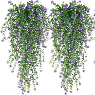Imagem de [Resistente a UV] Vinhas artificiais de folha de eucalipto | Pacote com 2 | Plástico | Resistente a UV | Decoração ao ar livre | Ocasião de recuperação (Roxo)