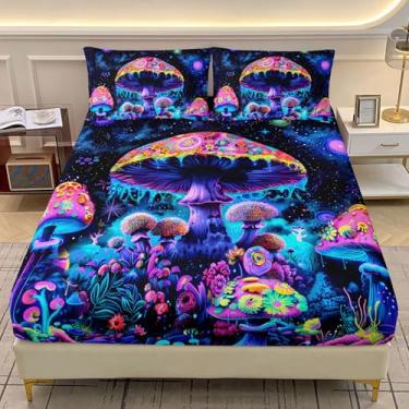 Imagem de AILONEN Jogo de lençol solteiro com desenho animado de cogumelo, tamanho GG, cogumelo mágico estrelado e roxo, 3 peças, tema de fungo de planta com 2 fronhas