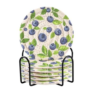 Imagem de CEBUGI Conjunto de 6 porta-copos absorventes de mirtilo com suporte para proteção de mesa, decoração de casa